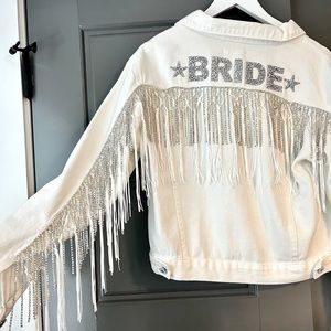 One-of-a-kind Double Rhinestone Fringe Bridal Jean Jacket - Size L/XL